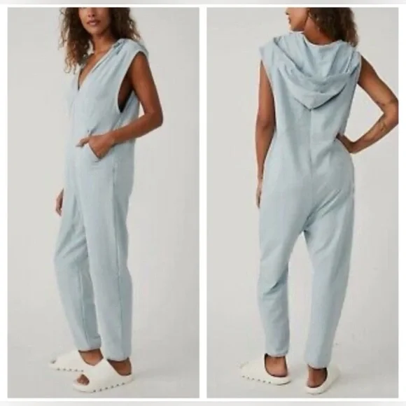 Free People Movement Nothing but Sweat Hooded Jumpsuit ~ Artic Blue - Picture 1 of 6